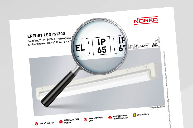 Eine Leuchte mit der IP-Schutzart IP 65 ist gegenüber Staub und Strahlwasser geschützt.
