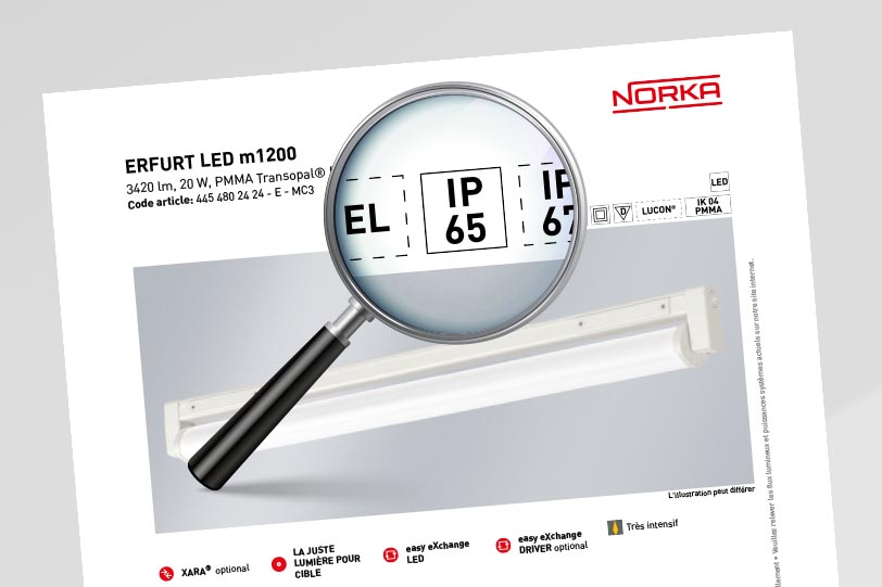 Un luminaire avec l'indice de protection IP 65 est protégé contre la poussière et les jets d'eau.