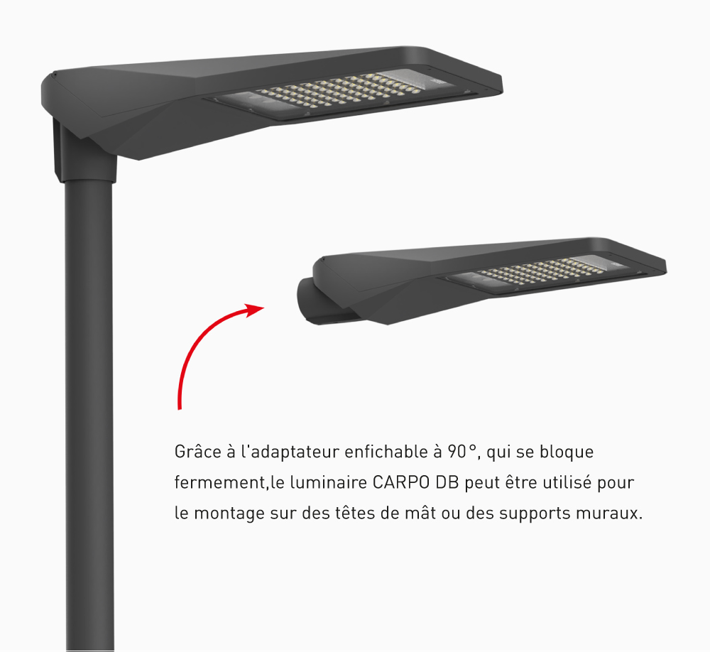 Luminaire sur mât LED CARPO DB pour espaces publics et infrastructures de transport, avec boîtier en aluminium robuste et design moderne.