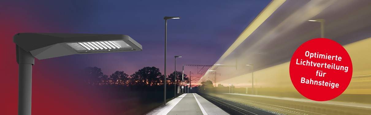 CARPO DB LED-Mastleuchte installiert an einem Bahnsteig bei Nacht